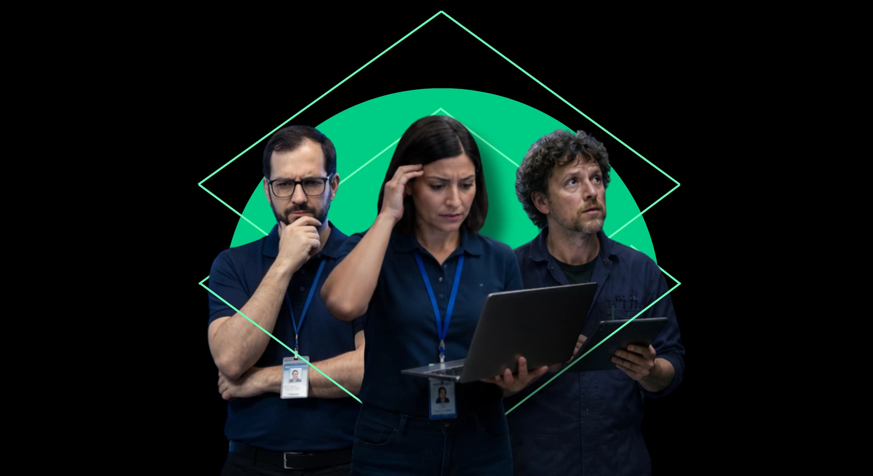 Critical infrastructure operations team reviewing information on a laptop and tablet