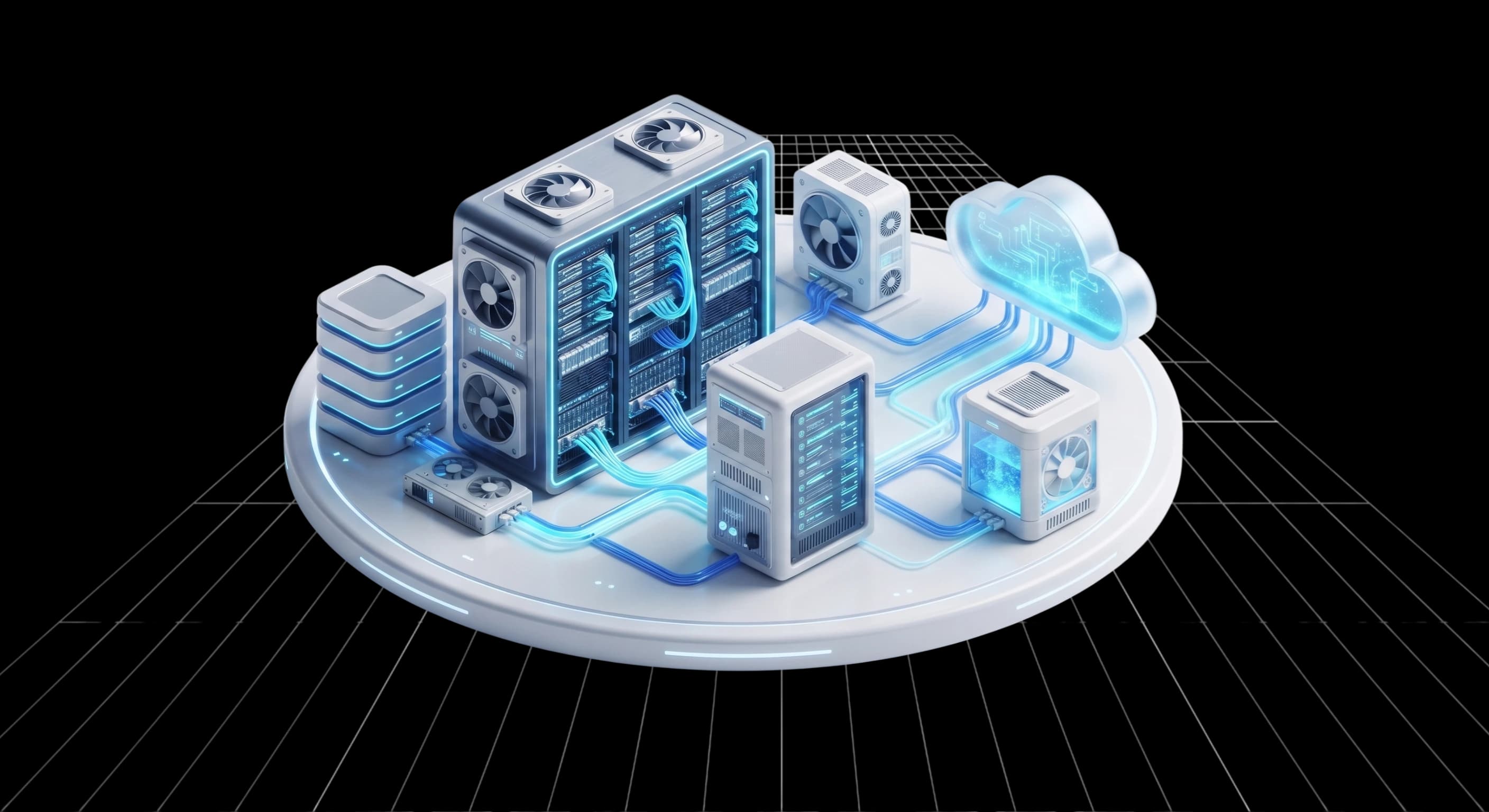 Ilustración isométrica de infraestructura de colocation multi-tenant conectada a un núcleo de inteligencia en la nube