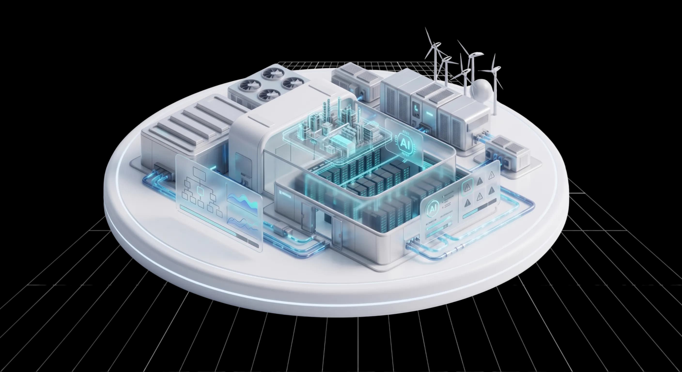 Ilustración isométrica de un campus de hiperescala con energía, servidores, cámaras y sensores conectados a un núcleo de inteligencia Coolbit AI