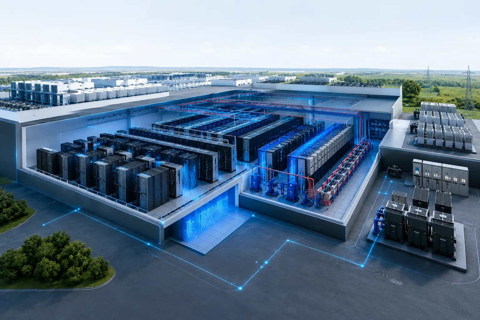 Ilustración de infraestructura de hiperescala de alta densidad con GPU, contención y enfriamiento líquido direct-to-chip
