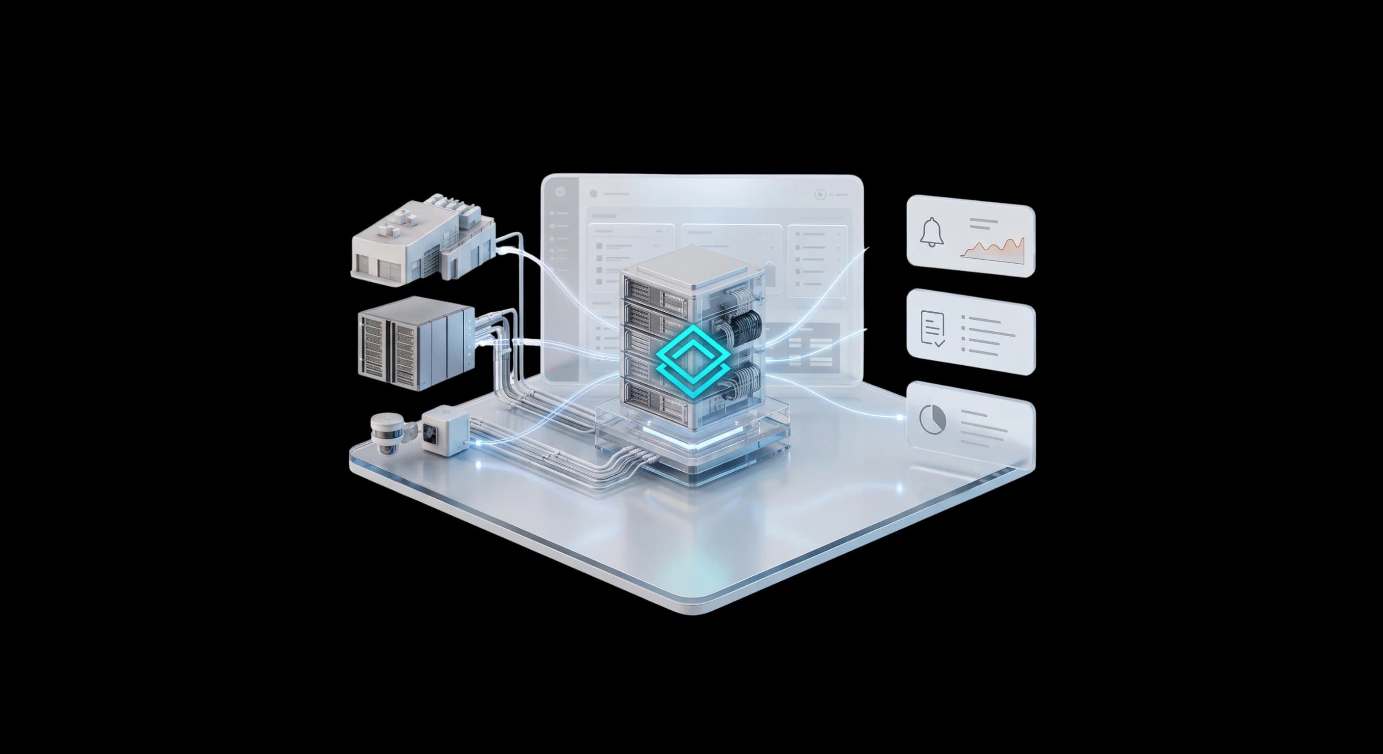 Fuentes de energía, servidores y sensores conectados a un núcleo de inteligencia Coolbit AI que unifica alertas, procedimientos y reportes