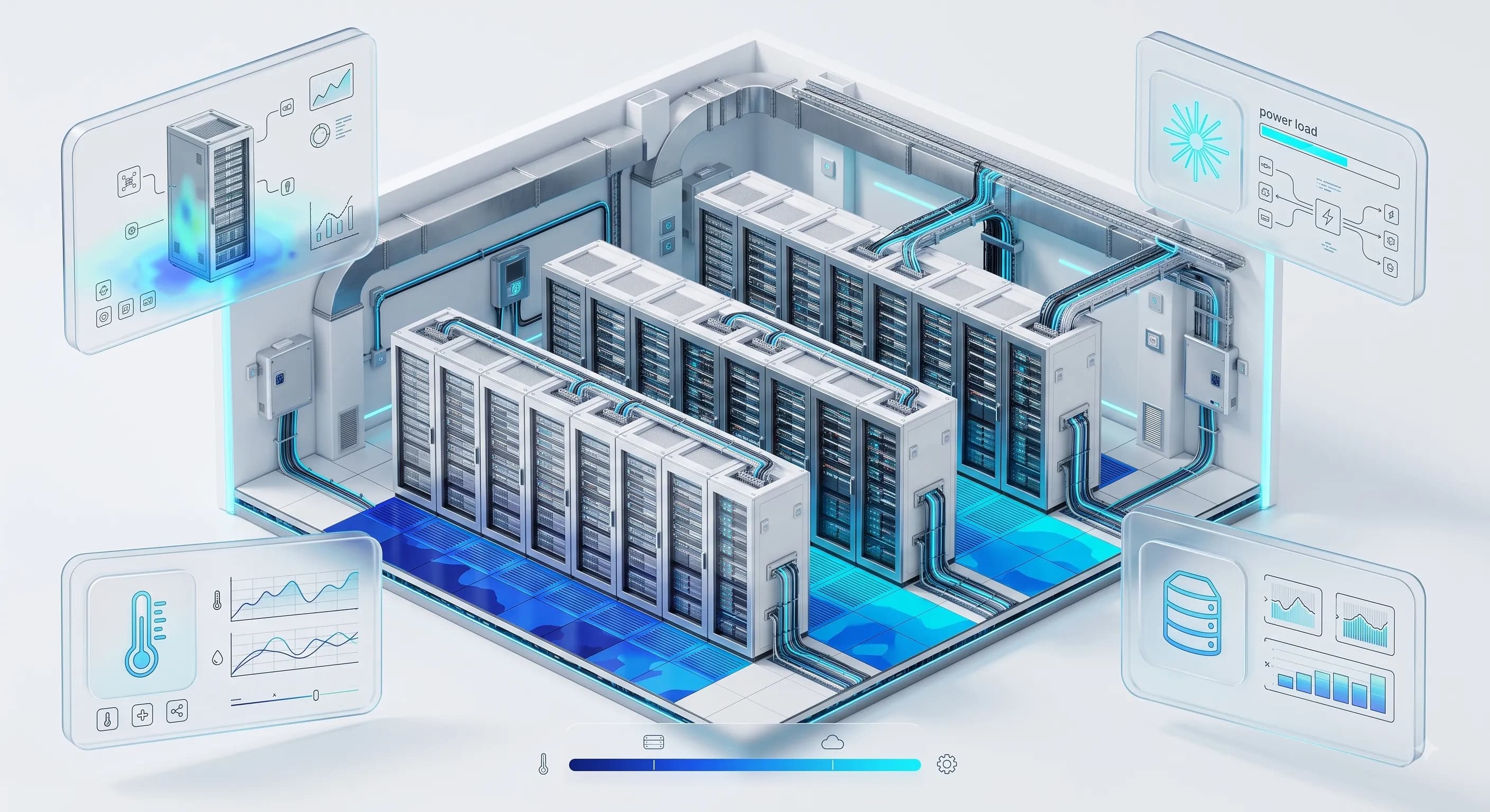 3D view of a colocation data center's white space with per-cabinet density, floor thermal map, power routes, and electrical load and temperature panels
